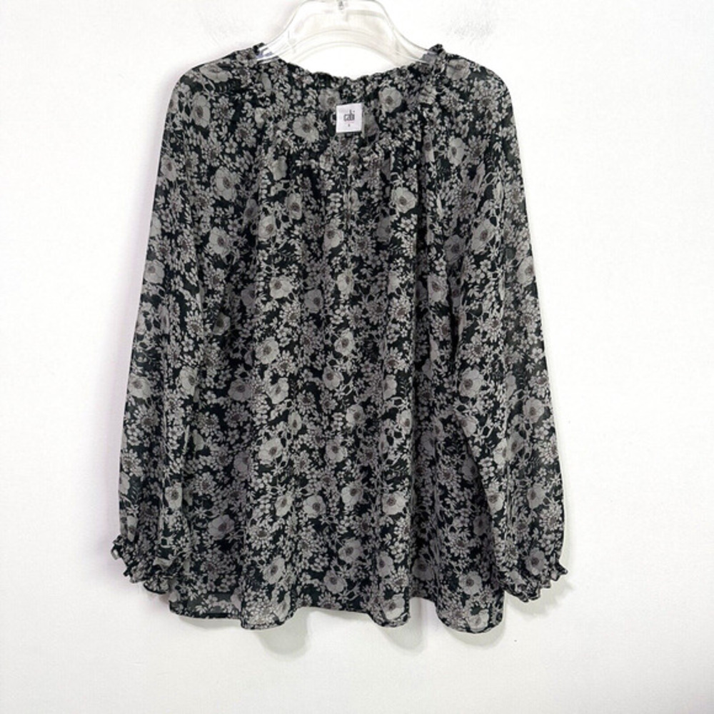 Cabi 3765 Floral Peasant Blouse Green S Long Sleeve Lightweight Popover Work
